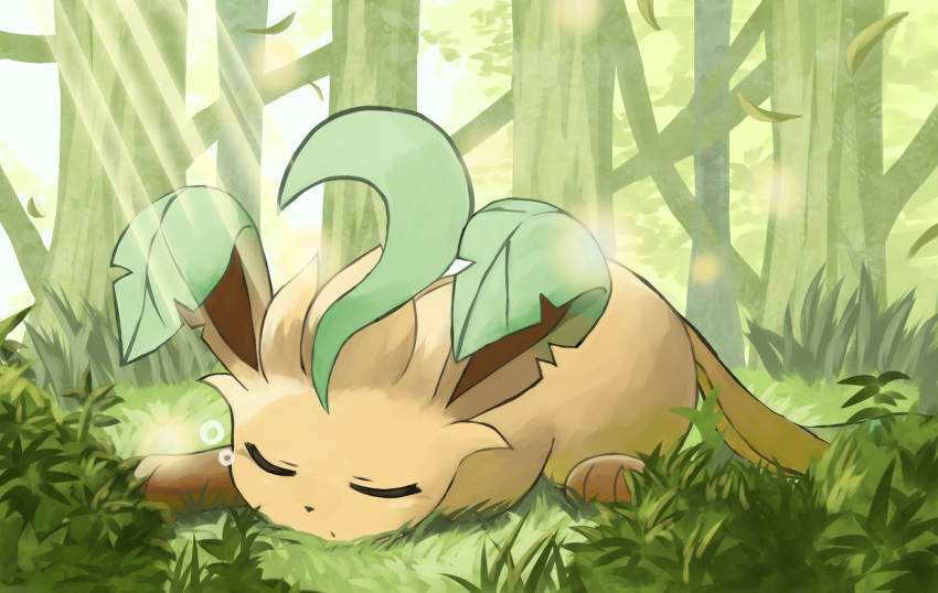 bubble closed_eyes commentary_request day forest grass highres jira_(ziraiya26) leafeon lying nature no_humans on_stomach outdoors pokemon pokemon_(creature) sleeping solo tree