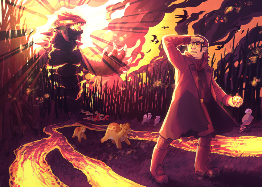 1boy absurdres arm_up belt_buckle black-framed_eyewear bodysuit boots buckle claws coat commentary cyborb glasses groudon highres holding logo long_sleeves male_focus maxie_(pokemon) molten_rock numel open_clothes open_coat outdoors pokemon pokemon_(creature) pokemon_(game) pokemon_oras primal_groudon red_footwear red_orb_(pokemon) ribbed_bodysuit spoink squinting standing team_magma torkoal