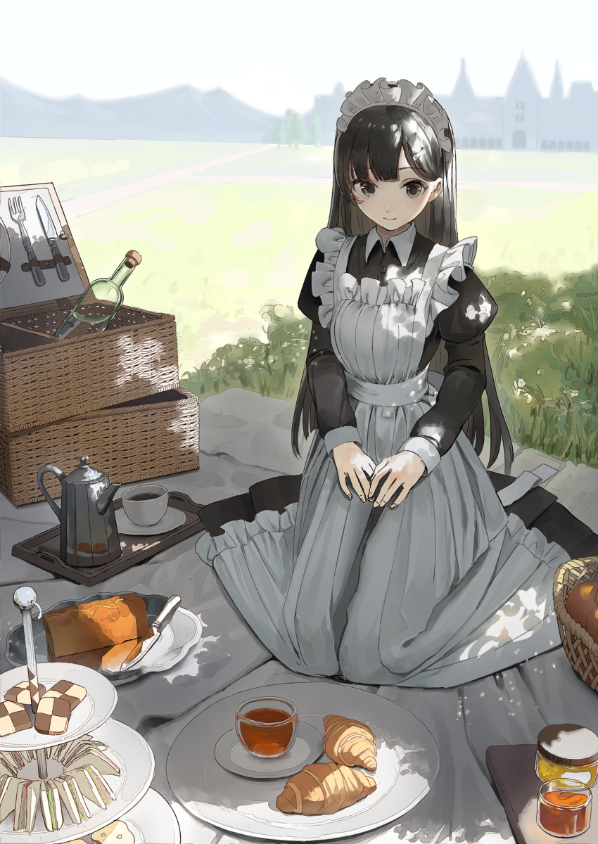 1girl absurdres apron bangs black_dress black_hair blanket bottle brown_eyes building checkerboard_cookie closed_mouth coffee coffee_pot commentary_request cookie croissant cup day dress food fork frilled_apron frills grass highres juliet_sleeves knife long_hair long_sleeves looking_at_viewer maid maid_apron maid_headdress mountain original outdoors own_hands_together picnic picnic_basket plate puffy_sleeves sandwich saucer shii_(kairi-t-k0317) sitting smile solo tiered_tray tray very_long_hair wariza white_apron