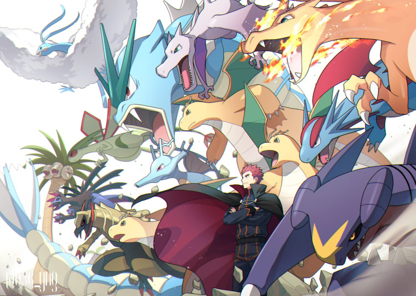 1boy aerodactyl alolan_exeggutor altaria belt black_cape cape charizard closed_mouth commentary_request crossed_arms dragonite floating_cape flygon garchomp gyarados haxorus hydreigon jacket kingdra lance_(pokemon) long_sleeves male_focus pants pokemon pokemon_(creature) pokemon_(game) pokemon_hgss red_hair rock salamence short_hair smile spiked_hair standing twitter_username watermark white_background y_(036_yng)