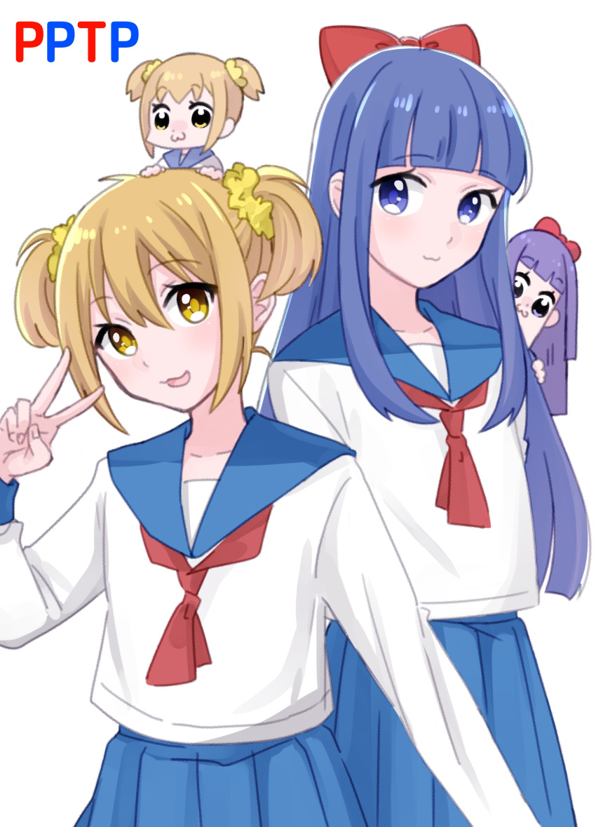 2girls :3 absurdres bangs blonde_hair blue_eyes blue_hair blue_sailor_collar blue_skirt blunt_bangs blunt_ends bow chibi chibi_on_head closed_mouth collarbone copyright_name cowboy_shot hair_bow hair_ornament hair_scrunchie hand_up head_tilt highres kyoya6 light_brown_hair long_sleeves looking_at_viewer multiple_girls neckerchief on_head pipimi pleated_skirt poptepipic popuko purple_hair red_bow red_neckerchief sailor_collar school_uniform scrunchie serafuku simple_background skirt smile twintails upper_body v wavy_mouth white_background white_serafuku yellow_eyes yellow_scrunchie
