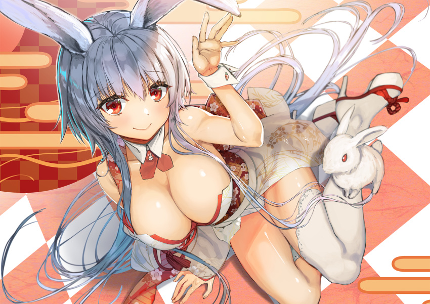 1girl animal_ears bare_shoulders breasts cleavage closed_mouth collarbone detached_collar from_above grey_hair hair_between_eyes highres japanese_clothes kagome_(traumatize) kimono large_breasts long_hair looking_at_viewer nontraditional_playboy_bunny original playboy_bunny rabbit rabbit_ears rabbit_tail red_eyes sidelocks single_thighhigh sitting smile tail thighhighs very_long_hair waving wrist_cuffs