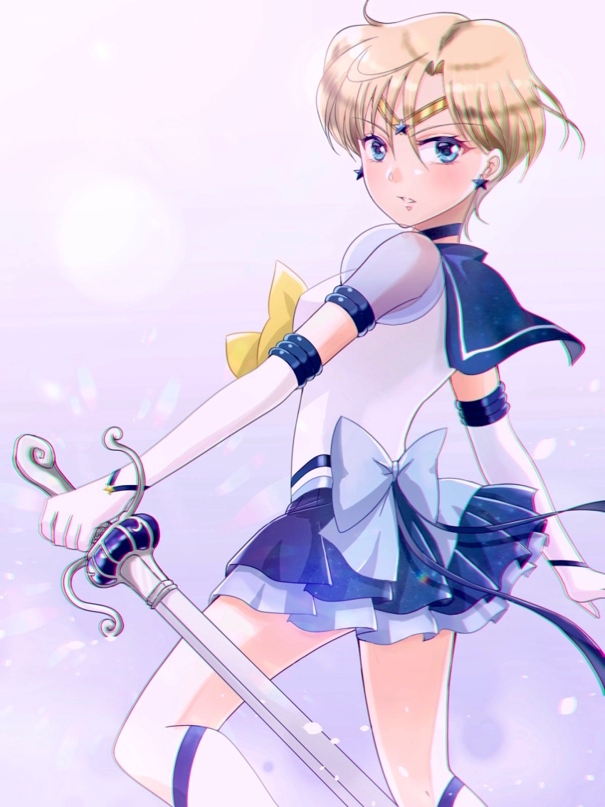 1girl back_bow bangs bishoujo_senshi_sailor_moon blonde_hair blue_bow blue_choker blue_eyes blue_gemstone blue_sailor_collar blue_skirt blue_sleeves bow bowtie brooch choker circlet commentary_request earrings elbow_gloves english_commentary gem gloves hair_between_eyes highres holding holding_sword holding_weapon jewelry magical_girl miniskirt mixed-language_commentary parted_bangs pleated_skirt puffy_short_sleeves puffy_sleeves sailor_collar sailor_senshi_uniform sailor_uranus shiiba_itsuki shirt short_hair short_sleeves skirt solo space_sword standing star_(symbol) star_earrings super_sailor_uranus_(stars) sword ten'ou_haruka very_short_hair weapon white_gloves white_shirt yellow_bow yellow_bowtie