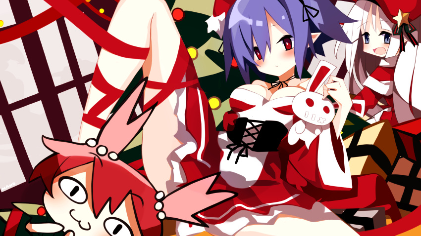 2girls bare_shoulders belt blue_hair christmas disgaea hat highres looking_at_viewer multiple_girls nanozenzen pleinair pointy_ears red_eyes santa_costume short_hair usagi-san