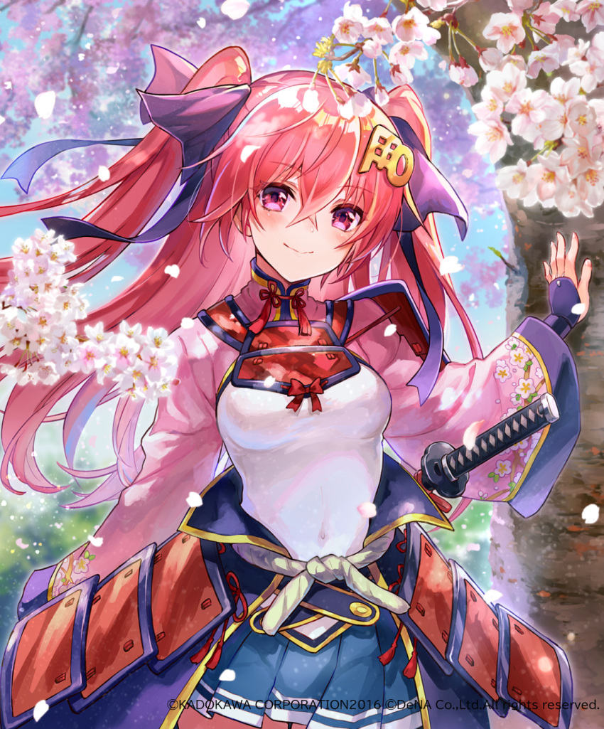 arm_at_side arm_support armor blush bow cherry_blossoms falling_petals fukube hair_bow hair_ornament highres japanese_armor japanese_clothes jouizumi_masamune katana long_hair official_art petals pleated_skirt red_eyes red_hair rope_belt sheath sheathed shoulder_armor skirt smile sword tenka_hyakken twintails waist_cape weapon wide_sleeves