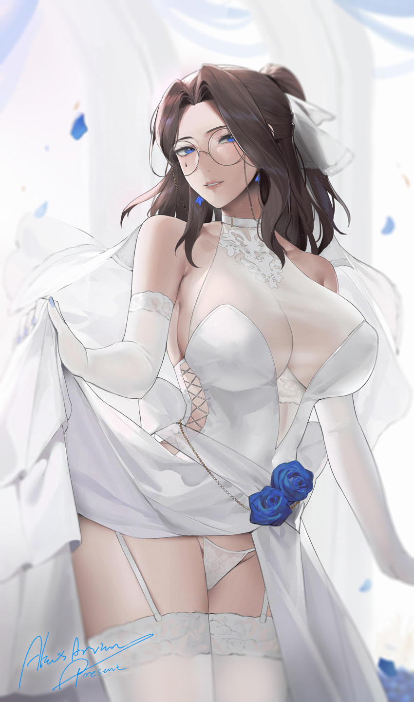 1girl alios_arvin blue_eyes blue_flower breasts bridal_lingerie brown_hair choker collarbone dress earrings elbow_gloves flower garter_straps glasses gloves hair_intakes hair_ribbon highres inoue_iris_(sdustz) jewelry large_breasts lingerie long_hair looking_at_viewer mature_female original ponytail ribbon seductive_smile see-through sheer_gloves side_cutout smile solo thick_thighs thighhighs thighs underwear upper_body wedding_dress white_choker white_dress white_gloves white_ribbon white_thighhighs