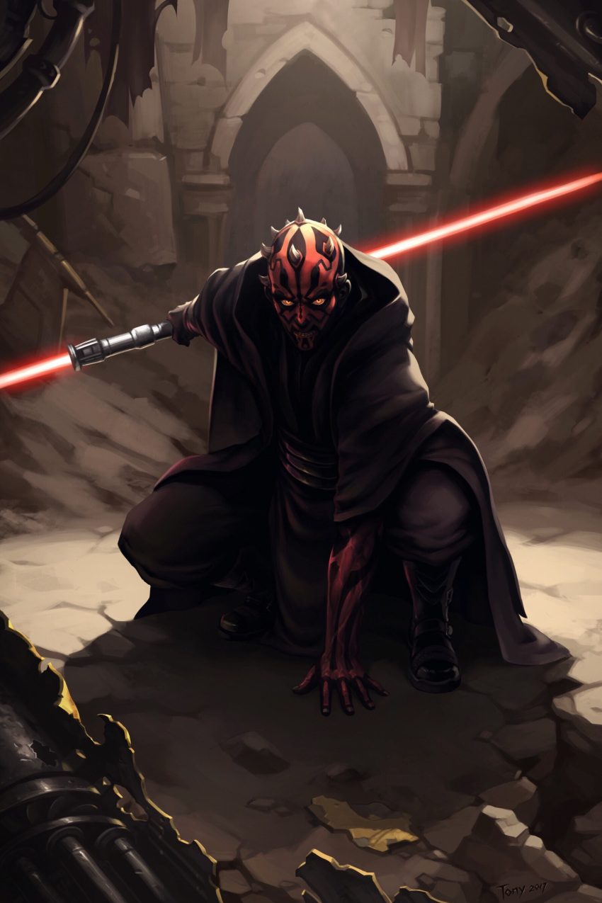 1boy absurdres alien black_robe building colored_skin darth_maul double_bladed_lightsaber ground highres holding holding_lightsaber holding_weapon horns looking_at_viewer red_lightsaber red_skin robe rock sith star_wars tattoo tonyblues weapon yellow_eyes zabrak