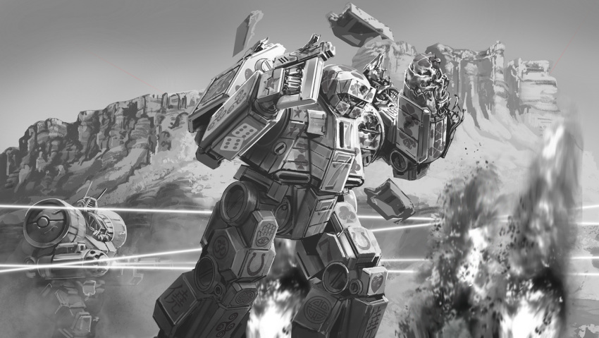 battle_damage battletech canyon charger_(battletech) clover commentary covering_face damaged dice eldoniousrex energy_gun english_commentary explosion horseshoe laser laser_rifle mecha monochrome no_humans robot shamrock war weapon zeus_(battletech)