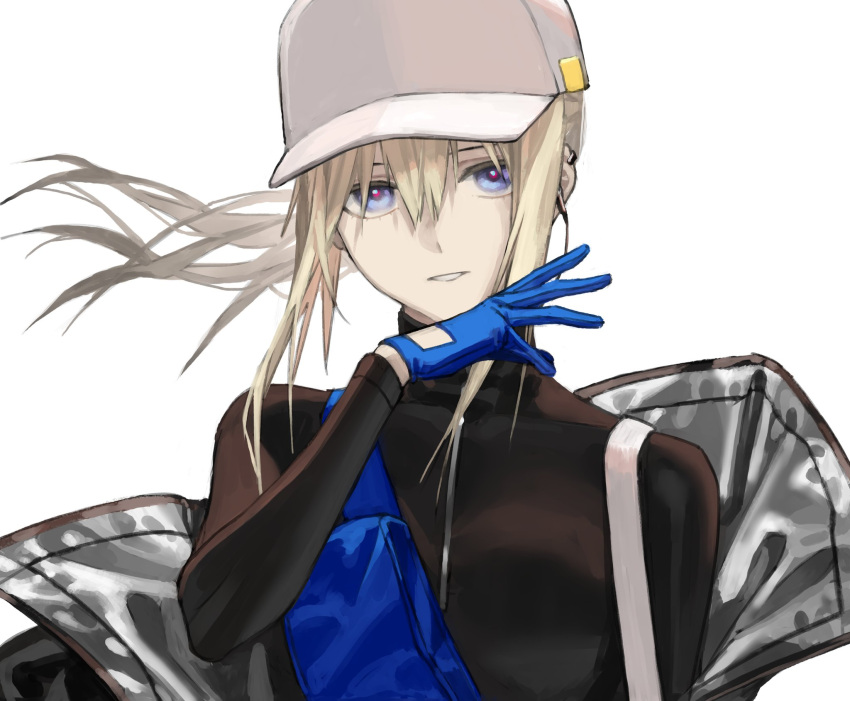 1girl baseball_cap black_shirt blonde_hair blue_eyes blue_gloves commentary earpiece english_commentary girls'_frontline gloves hair_between_eyes hat highres jacket jacket_partially_removed long_hair long_sleeves looking_at_viewer mik_blamike off_shoulder red_pupils scar-h_(girls'_frontline) shirt simple_background solo upper_body white_background white_headwear