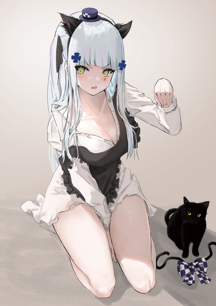 1girl animal_ears apron bangs between_legs black_apron black_cat black_headwear blunt_bangs breasts cat cat_ears cleavage collarbone commentary dress ezzi facial_mark fake_animal_ears fang frilled_apron frills full_body girls'_frontline green_eyes hair_ornament hand_between_legs hat highres hk416_(black_kitty's_gift)_(girls'_frontline) hk416_(girls'_frontline) large_breasts long_hair long_sleeves looking_at_viewer mini_hat official_alternate_costume paw_pose sitting skin_fang solo teardrop thighs unbuttoned white_dress white_hair