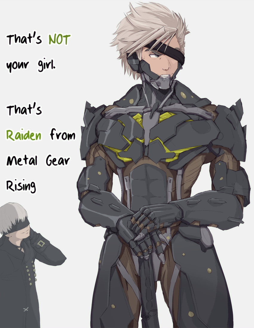 2boys armor black_blindfold blindfold clenched_teeth crossover cyborg english_text eyepatch highres looking_to_the_side male_focus meme metal_gear_(series) metal_gear_rising:_revengeance multiple_boys nier_(series) nier_automata planted planted_sword raiden_(metal_gear) science_fiction short_hair sword teeth weapon white_hair yoracrab yorha_no._9_type_s