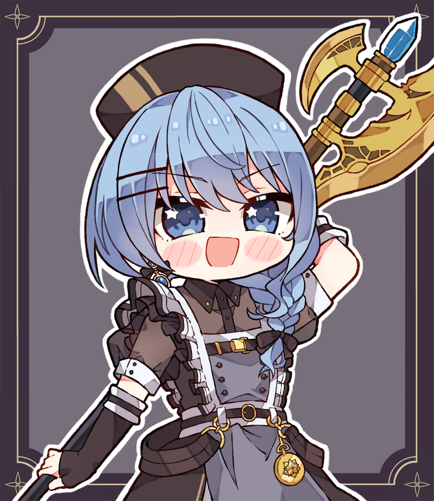 1girl :o apron bardiche_(weapon) black_dress blue_eyes blue_hair blush_stickers braid chibi commentary dress elbow_gloves english_commentary fingerless_gloves gloves grey_apron hair_over_shoulder hat highres holding holding_weapon hololive hoshimachi_suisei kukie-nyan long_hair looking_at_viewer maid nurse_cap official_alternate_costume official_alternate_hairstyle open_mouth see-through see-through_sleeves side_braid single_braid smile solo star_(symbol) star_in_eye symbol_in_eye virtual_youtuber weapon