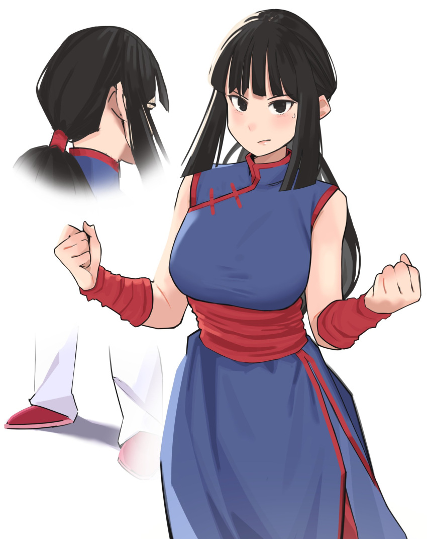 1girl bangs black_eyes black_hair blue_dress breasts chi-chi_(dragon_ball) china_dress chinese_clothes clenched_hands closed_mouth commentary dragon_ball dragon_ball_(classic) dress english_commentary highres large_breasts lewdrawings long_hair looking_at_viewer multiple_views obi red_footwear red_sash reference_sheet sash self-upload shoes simple_background sleeveless sleeveless_dress standing white_background wristband