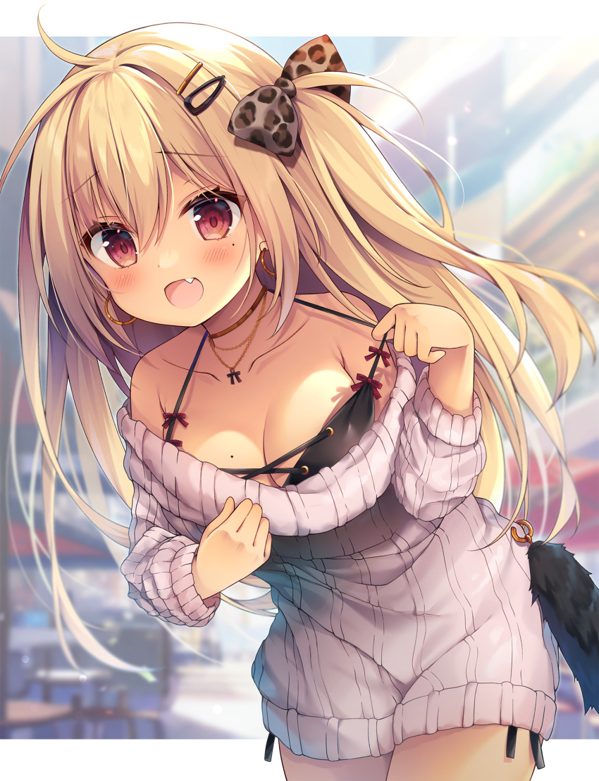 1girl :d animal_print bangs bare_shoulders black_bra black_panties blonde_hair blurry blurry_background blush bow bra collarbone commentary_request depth_of_field dress earrings fang hair_between_eyes hair_bow hair_ornament hairclip highres hoop_earrings izumiyuhina jewelry leopard_print long_hair necklace off-shoulder_sweater off_shoulder original panties print_bow red_bow red_eyes side-tie_panties smile solo sweater sweater_dress tan underwear very_long_hair white_sweater