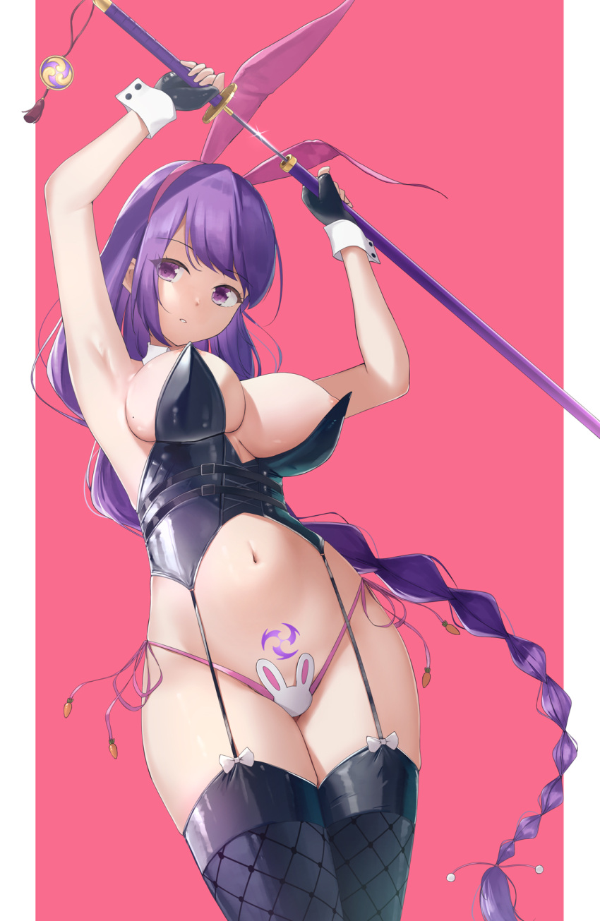 1girl animal_ears areola_slip armpits bangs black_thighhighs braid braided_ponytail breasts cleavage cowboy_shot fake_animal_ears fingerless_gloves from_below garter_straps genshin_impact gloves highres joko_jmc katana large_breasts long_hair navel nontraditional_playboy_bunny outside_border panties pink_background pink_panties playboy_bunny pubic_tattoo purple_eyes purple_hair rabbit_ears raiden_shogun side-tie_panties simple_background solo swept_bangs sword tattoo thighhighs underwear very_long_hair weapon wrist_cuffs