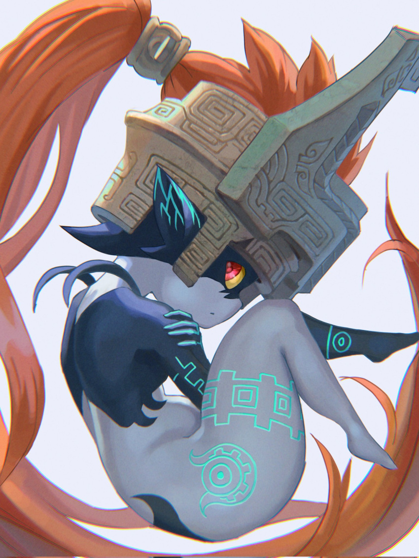 1girl absurdly_long_hair back black_skin body_markings colored_sclera colored_skin curled_up fetal_position floating floating_hair from_side hand_on_own_shoulder helmet highres imp knees_to_chest levitation long_hair looking_at_viewer looking_to_the_side midna multicolored_skin nape neon_trim orange_hair pointy_ears ponytail red_eyes sanroku_(jakko) self_hug shortstack sideways_glance solo the_legend_of_zelda the_legend_of_zelda:_twilight_princess thighs two-tone_skin very_long_hair white_skin wide_hips yellow_sclera