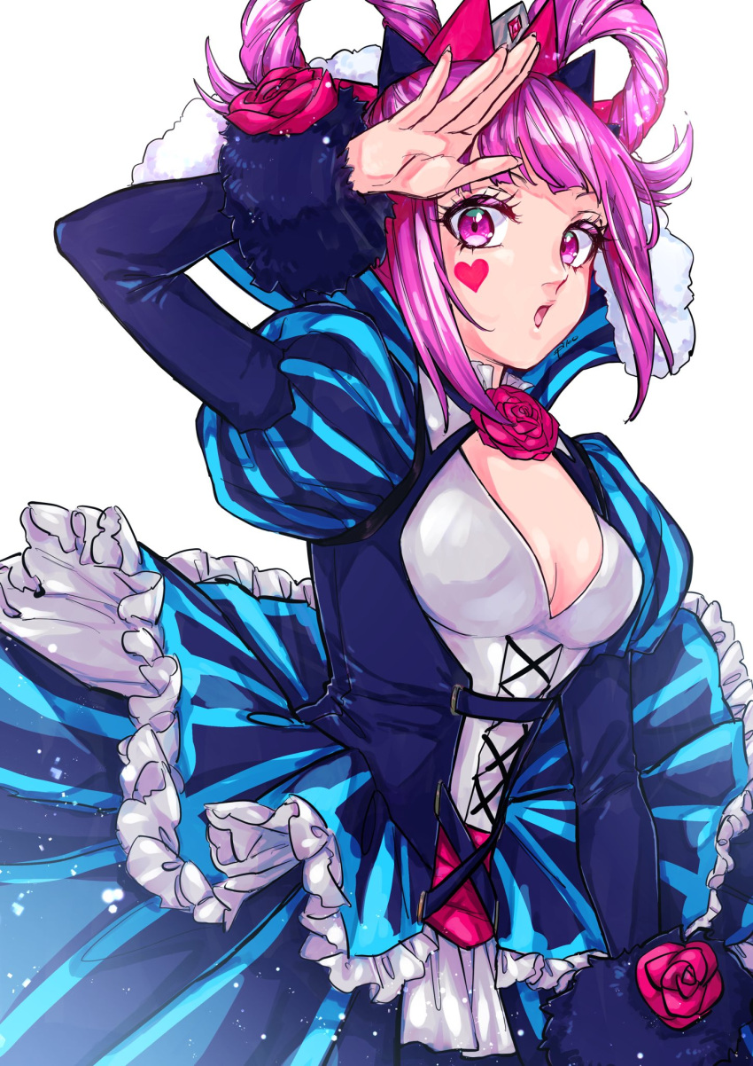 1girl :o artist_name bangs blue_dress blunt_bangs breasts cleavage dress eyelashes facial_mark fingernails fire_emblem fire_emblem_engage flower frilled_dress frills fur-trimmed_sleeves fur_trim hair_rings hand_up heart heart_facial_mark high_collar highres hortensia_(fire_emblem) juliet_sleeves light_particles long_sleeves looking_at_viewer medium_breasts open_mouth piko_127 pink_eyes pink_flower pink_gemstone pink_hair pink_rose puffy_sleeves rose short_hair simple_background solo striped striped_dress striped_sleeves tiara vertical-striped_dress vertical_stripes white_background