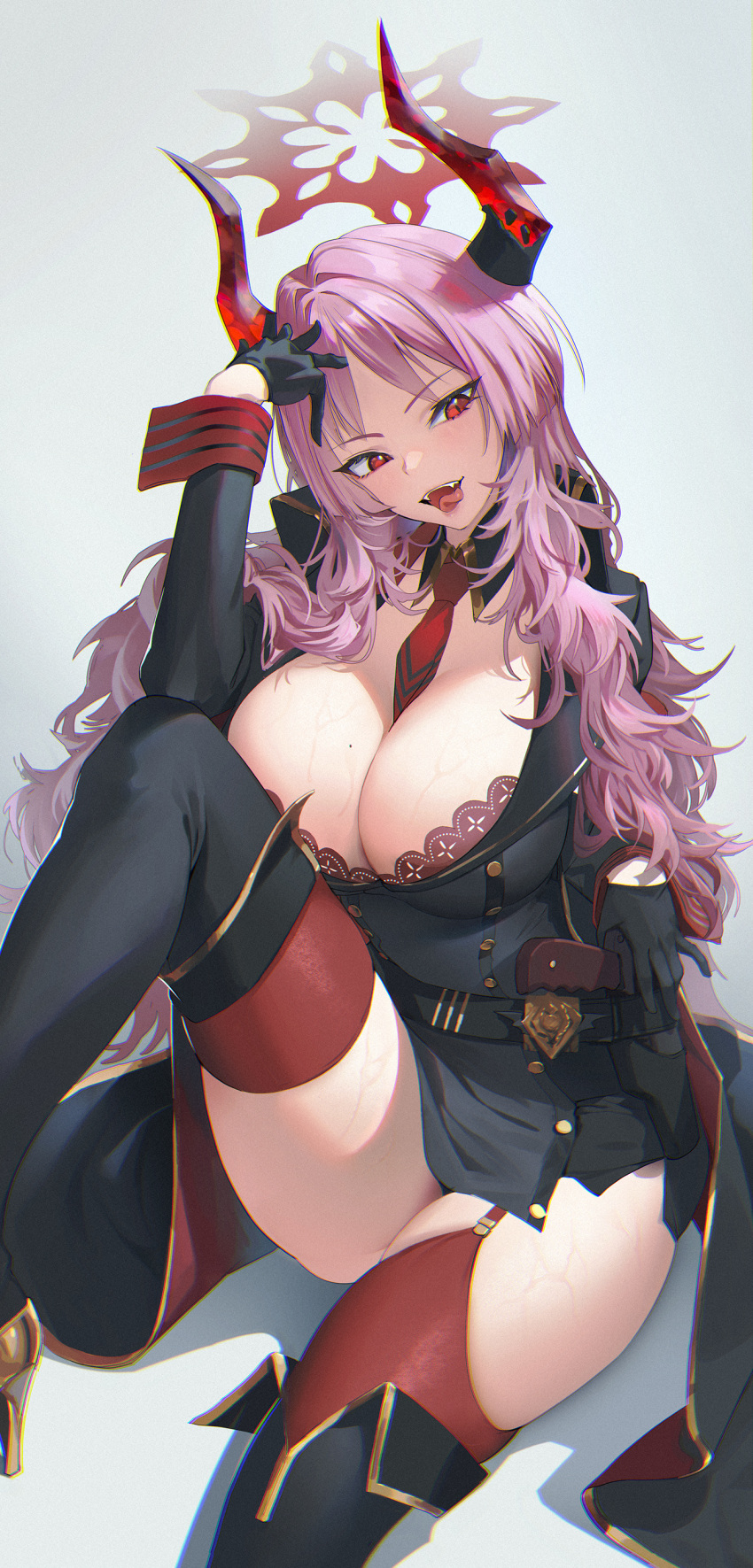 1girl absurdres between_breasts black_gloves black_thighhighs blue_archive breasts coattails commentary demon_girl demon_horns fangs gloves gold_footwear gold_trim gun halo hand_on_own_head handgun high_heels highres holster holstered_weapon horns knee_up large_breasts mauser_c96 mhk_(mechamania) mole mole_on_breast necktie necktie_between_breasts pink_hair red_eyes red_necktie red_thighhighs satsuki_(blue_archive) sitting skindentation slit_pupils solo teeth thighhighs thighs tongue tongue_out upper_teeth_only weapon wing_collar