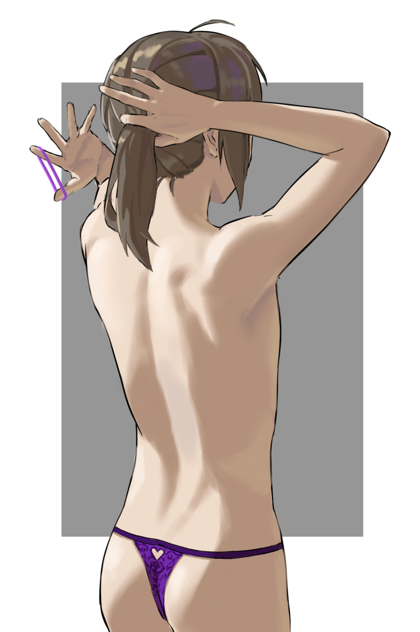 1boy androgynous ass back bare_back brown_hair crossdressing dier_(girls'_frontline) dima_(girls'_frontline) from_behind genderswap genderswap_(ftm) girls'_frontline girly_boy hands_in_hair highres holding holding_hair lingerie male_focus nape otoko_no_ko panties ponytail purple_panties short_ponytail shortofsugar sidelocks simple_background solo thong topless_male tying_hair underwear underwear_only upper_body