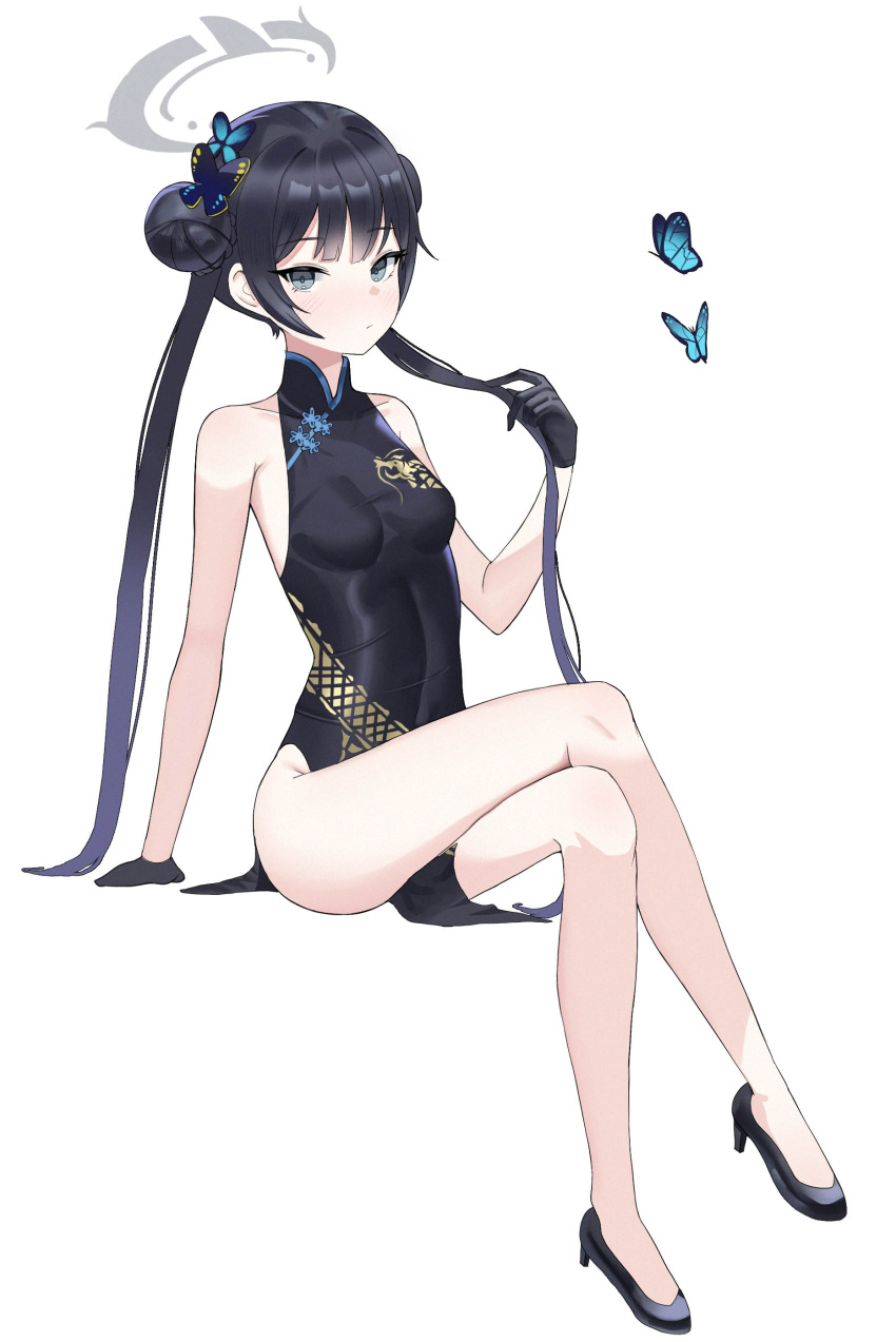 1girl absurdres bare_legs black_dress black_eyes black_footwear black_gloves black_hair blue_archive blush breasts bug butterfly butterfly_hair_ornament china_dress chinese_clothes closed_mouth commentary crossed_legs dalgam12 double_bun dragon_print dress full_body gloves hair_bun hair_ornament halo high_heels highres holding holding_hair invisible_chair kisaki_(blue_archive) korean_commentary looking_at_viewer pelvic_curtain short_hair_with_long_locks simple_background sitting skin_tight sleeveless sleeveless_dress small_breasts solo taut_clothes taut_dress thighs turtleneck_dress twintails white_background