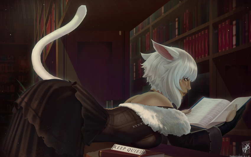 1girl animal_ears bent_over black_dress book bookshelf cat_ears cat_tail dark-skinned_female dark_skin desk dress final_fantasy final_fantasy_xiv gloves highres holding holding_book library looking_at_viewer miqo'te open_book partially_fingerless_gloves reading short_hair solo tail themaestronoob white_hair y'shtola_rhul