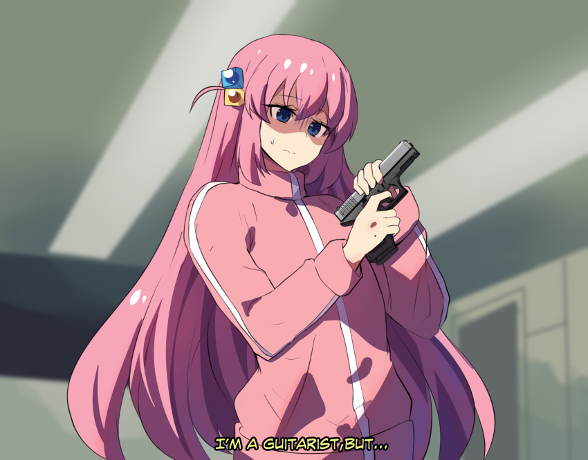 1girl absurdres after_war_gundam_x bangs blue_eyes bocchi_the_rock! closed_mouth commentary english_commentary english_text glock gotou_hitori gun gundam handgun highres hinghoi holding holding_gun holding_weapon i'm_a_healer_but..._(meme) jacket long_hair meme pink_hair pink_jacket pun shaded_face solo subtitled sweatdrop track_jacket weapon