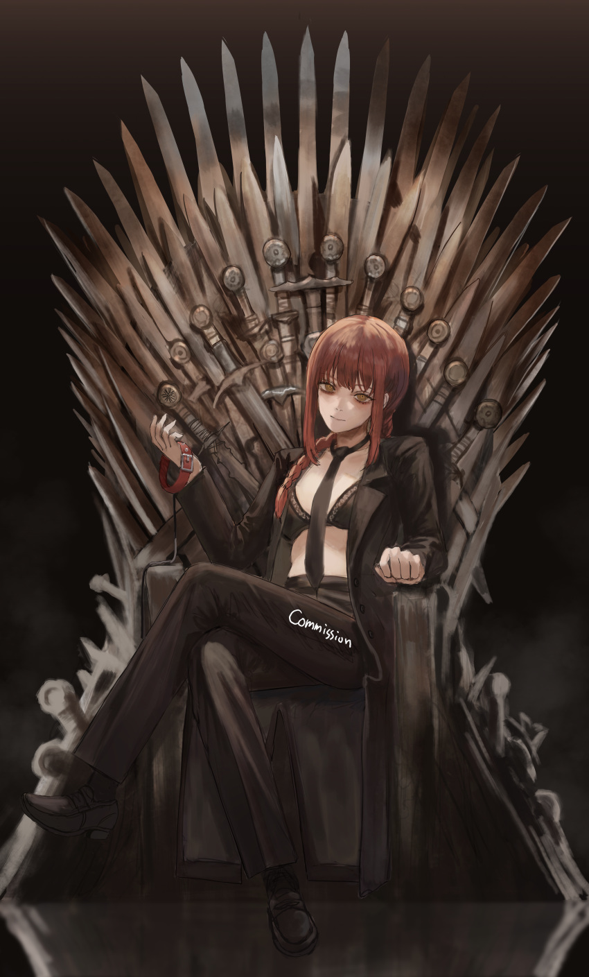1girl a_song_of_ice_and_fire absurdres bangs black_bra black_footwear black_jacket black_pants bra braid braided_ponytail chainsaw_man collar commentary commission crossed_legs english_commentary game_of_thrones gold_can hair_over_shoulder highres holding holding_collar iron_throne jacket leash looking_at_viewer makima_(chainsaw_man) medium_hair pants red_hair ringed_eyes sidelocks solo sword throne underwear weapon yellow_eyes