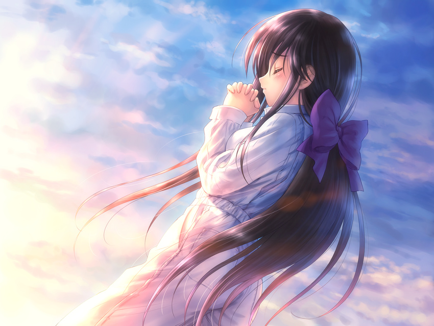 blush bow breasts closed_eyes closed_mouth cloud day dutch_angle from_side goto_p hair_bow hands_clasped highres long_hair long_sleeves low_ponytail medium_breasts narcissu outdoors overalls own_hands_together profile purple_bow shinohara_himeko sky solo standing sunlight very_long_hair wind