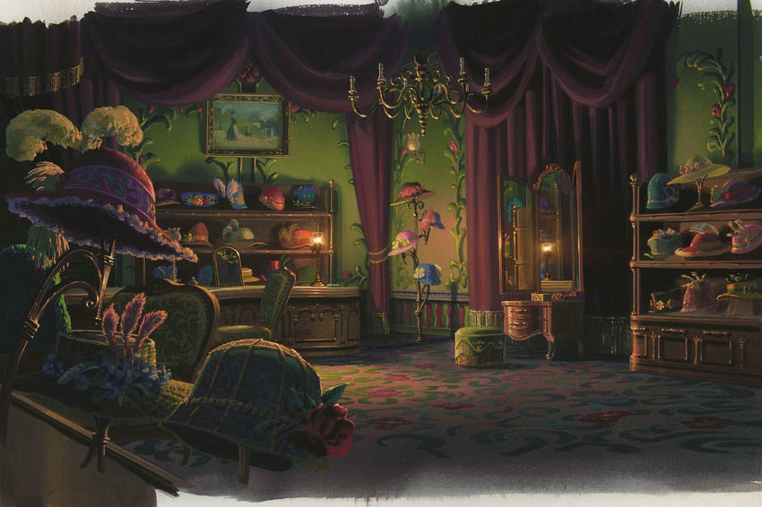 candles chairs chandelier curtains desk flowers ghibli hatrack hats howl_no_ugoku_shiro lamp landscape mirror ottoman painting