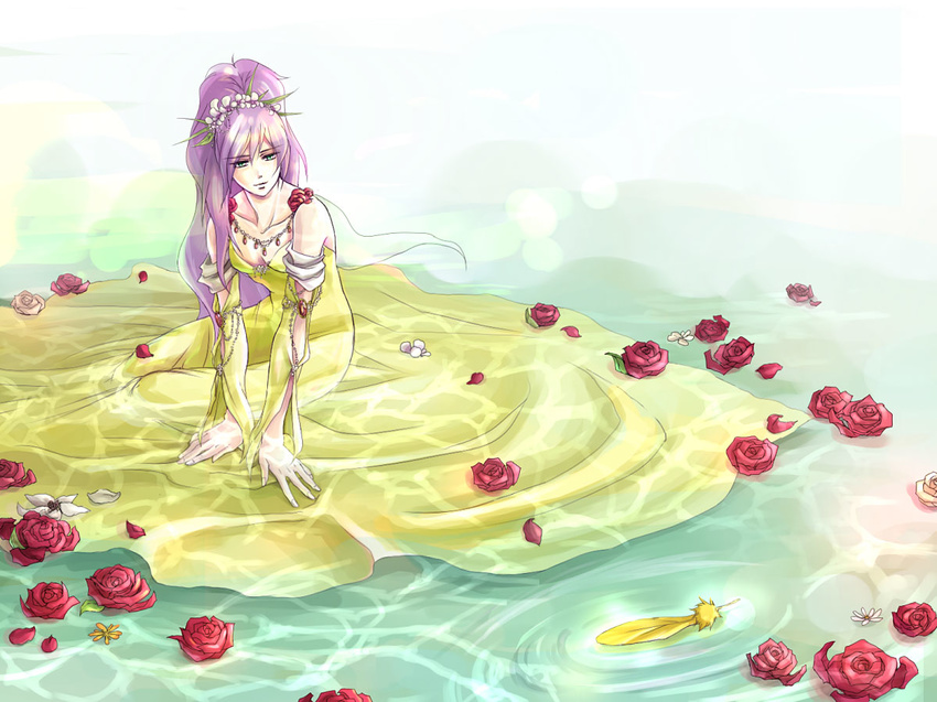 3ta2 alternate_costume alternate_hairstyle dress faris_scherwiz feathers final_fantasy final_fantasy_v flower red_flower red_rose rose sad sad_smile sarisa_highwind_tycoon smile solo spoilers water