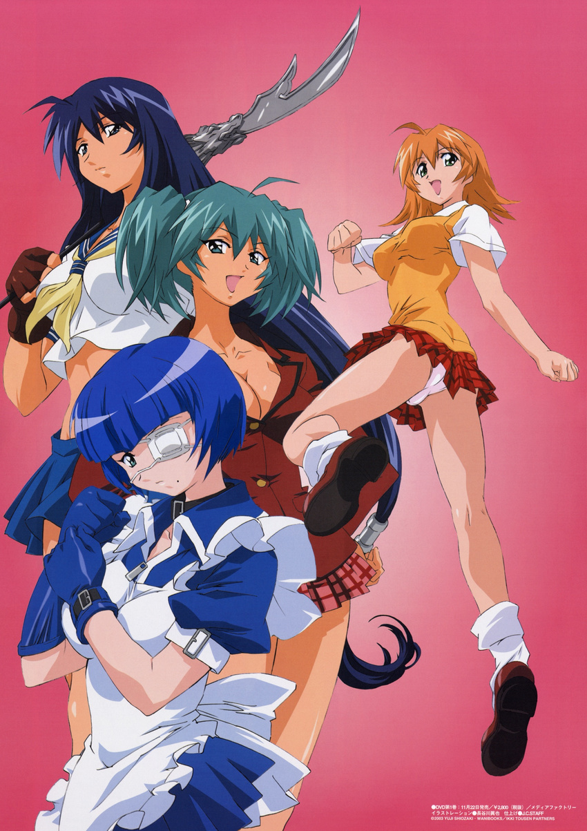 :d ahoge apron aqua_eyes aqua_hair ass bangs black_collar black_gloves blazer blue_eyes blue_gloves blue_hair blue_sailor_collar blue_shirt blue_skirt blunt_bangs bob_cut bow breasts breasts_apart brown_footwear buckle buttons cleavage clenched_hands closed_mouth collar collarbone collared_shirt cowboy_shot crop_top eyebrows_visible_through_hair eyepatch fighting_stance fingerless_gloves flipped_hair frilled_apron frills from_side full_body gloves gradient gradient_background green_eyes hair_between_eyes hair_tie hand_up hands_on_hips hands_up happy hasegawa_shin'ya head_tilt highres holding holding_spear holding_weapon ikkitousen jacket jumping kan'u_unchou kneepits leg_lift legs legs_apart loafers long_hair looking_at_viewer looking_back loose_socks low-tied_long_hair maid maid_apron medical_eyepatch medium_breasts midriff miniskirt mole mole_under_mouth multiple_girls neckerchief official_art one_eye_covered open_mouth orange_hair orange_vest over_shoulder panties pantyshot pink_background pink_skirt plaid plaid_skirt pleated_skirt polearm puffy_short_sleeves puffy_sleeves red_jacket red_skirt ryofu_housen ryomou_shimei sailor_collar scan school_uniform serafuku serious shirt shoes short_hair short_sleeves short_twintails skirt sleeve_cuffs smile socks sonsaku_hakufu spear sweater_vest tan twintails twisted_torso underwear very_long_hair vest weapon weapon_over_shoulder white_apron white_bow white_legwear white_panties yellow_neckwear zipper zipper_pull_tab