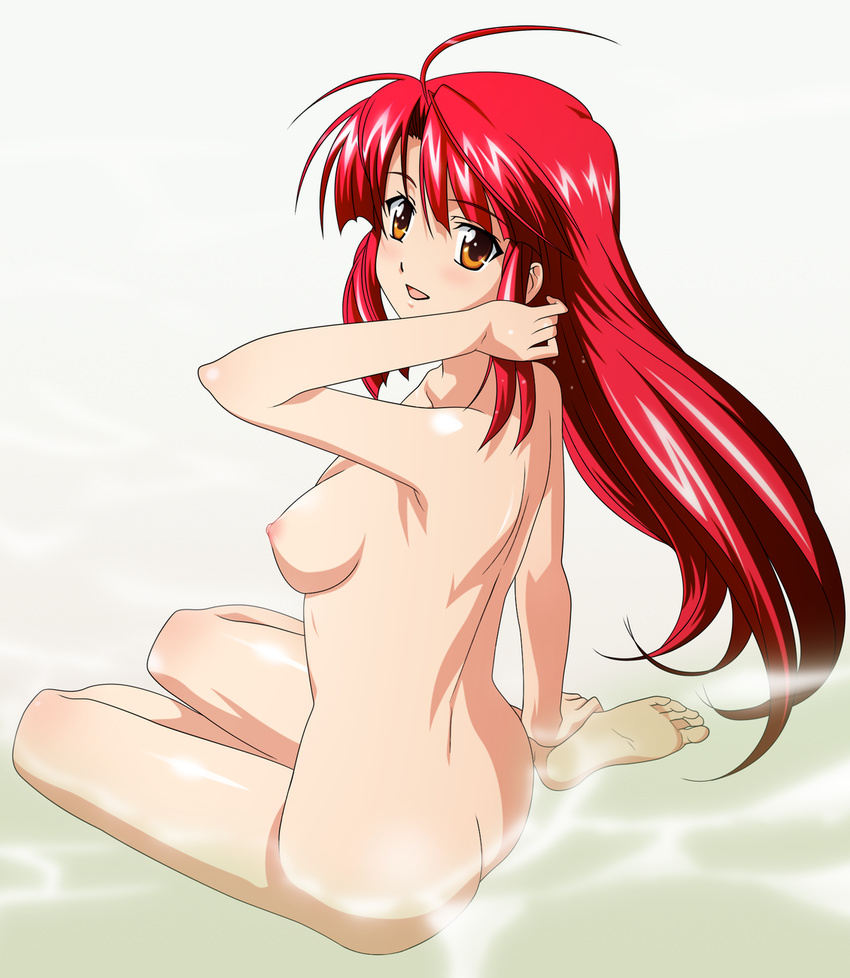 :d ahoge armpits ass back bangs barefoot blush breasts comp_h's feet from_behind hands_on_feet highres kannagi_ayano kaze_no_stigma large_breasts long_hair looking_back nipples nude nude_filter official_art open_mouth orange_eyes parted_bangs red_hair scan shiny shiny_hair shiny_skin sideboob sitting smile soles solo submerged third-party_edit water yamakawa_kouji