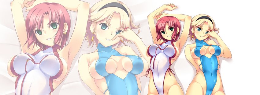 armpits blonde_hair breasts cameltoe casual_one-piece_swimsuit cleavage_cutout covered_nipples earrings green_eyes hairband hands highres impossible_clothes impossible_shirt jewelry large_breasts multiple_girls niko_(azurite) one-piece_swimsuit pink_hair rina_tachibana rio_rollins shirt short_hair sideboob super_blackjack swimsuit zoom_layer