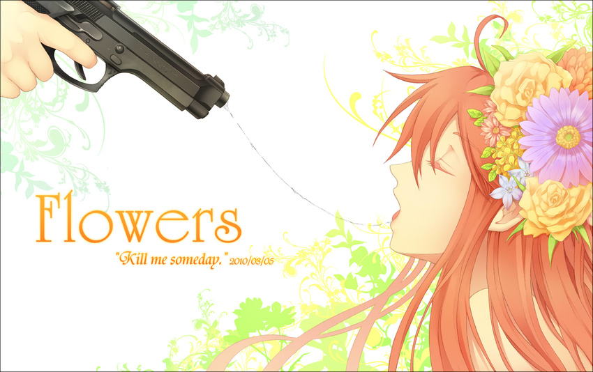 ahoge beretta_92 closed_eyes english flower gun hair_flower hair_ornament handgun long_hair milcho open_mouth original pistol red_hair saliva saliva_trail sexually_suggestive solo_focus weapon