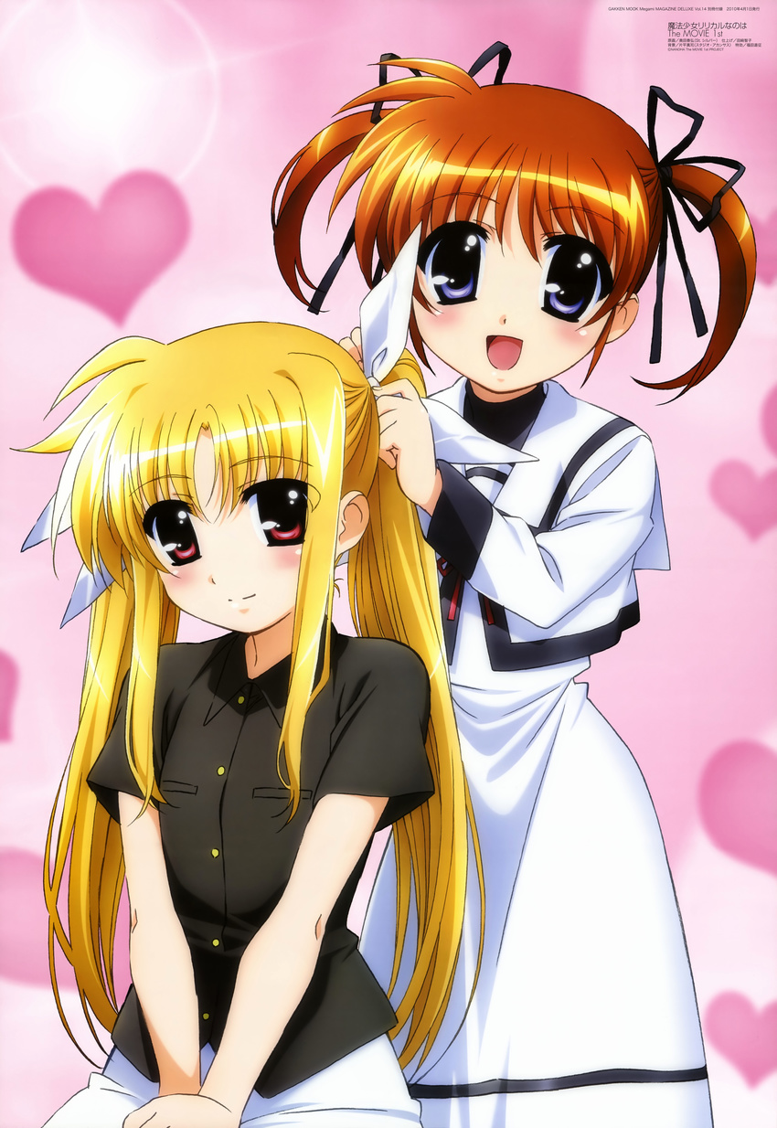 absurdres adjusting_hair fate_testarossa highres lyrical_nanoha mahou_shoujo_lyrical_nanoha mahou_shoujo_lyrical_nanoha_the_movie_1st multiple_girls okuda_yasuhiro school_uniform seishou_elementary_school_uniform takamachi_nanoha twintails