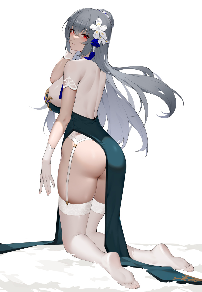 1girl absurdres azur_lane back blush breasts china_dress chinese_clothes dress eyes_visible_through_hair feet flower from_behind full_body garter_belt gloves green_dress grey_hair hair_between_eyes hair_flower hair_ornament hand_up highres kneeling knees_together_feet_apart large_breasts legs long_hair looking_at_viewer looking_back median_furrow mole mole_under_eye no_shoes official_alternate_costume parted_lips pelvic_curtain red_eyes saint-louis_(alluring_administrator)_(azur_lane) saint-louis_(azur_lane) see-through see-through_gloves short_sleeves simple_background soles solo thighhighs thighs toes two-tone_dress white_background white_flower white_garter_belt white_gloves white_thighhighs wsfw