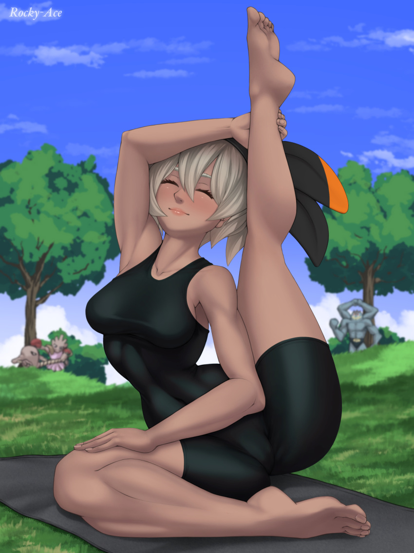 1girl bangs barefoot bea_(pokemon) black_bodysuit black_hairband blonde_hair bodysuit bow_hairband closed_eyes closed_mouth cloud commentary_request day eyelashes feet hair_between_eyes hairband highres hitmonchan hitmonlee machamp outdoors pokemon pokemon_(creature) pokemon_(game) pokemon_swsh rocky-ace short_hair sky spread_legs stretching toenails toes watermark yoga yoga_mat