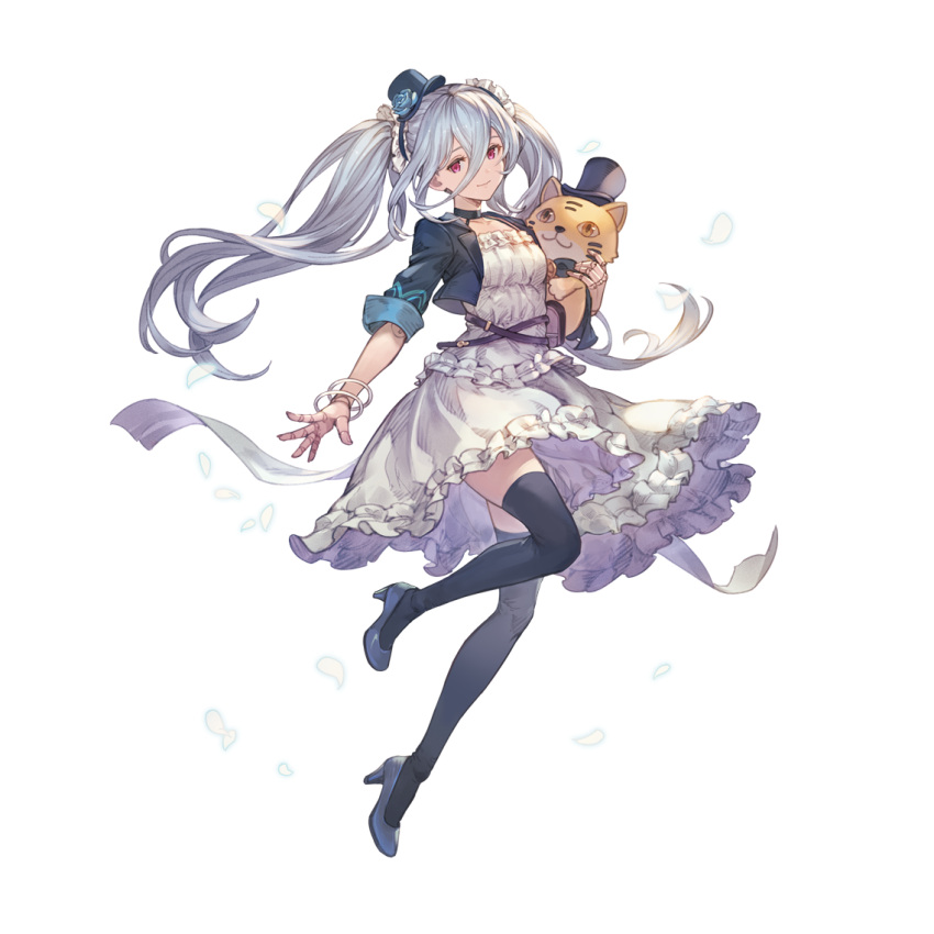 1girl arm_at_side blue_footwear blue_hair breasts choker cropped_jacket dress full_body granblue_fantasy hair_between_eyes hat high_heels holding holding_stuffed_toy light_blue_hair long_hair looking_at_viewer minaba_hideo mini_hat mini_top_hat official_art orchis pink_eyes prosthesis prosthetic_arm simple_background small_breasts solo stuffed_toy thighhighs top_hat transparent_background twintails white_dress