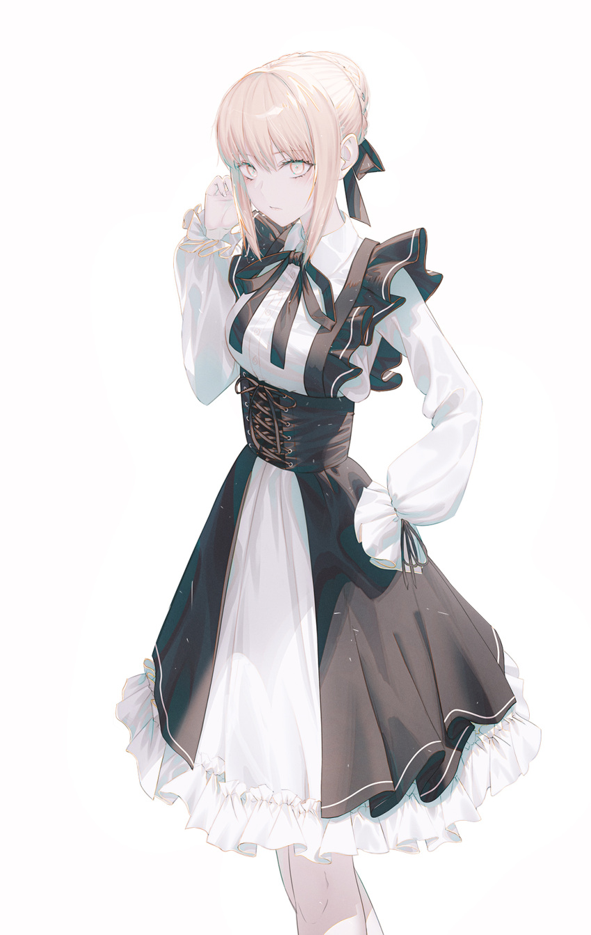 1girl alternate_costume artoria_pendragon_(fate) black_dress black_ribbon blonde_hair braid braided_bun closed_mouth commentary corset dress expressionless fate/grand_order fate_(series) fov_ps french_braid frilled_dress frilled_sleeves frills hair_bun hair_ribbon highres long_sleeves looking_at_viewer neck_ribbon pale_skin puffy_long_sleeves puffy_sleeves ribbon saber_alter short_hair simple_background solo two-tone_dress white_background white_dress yellow_eyes