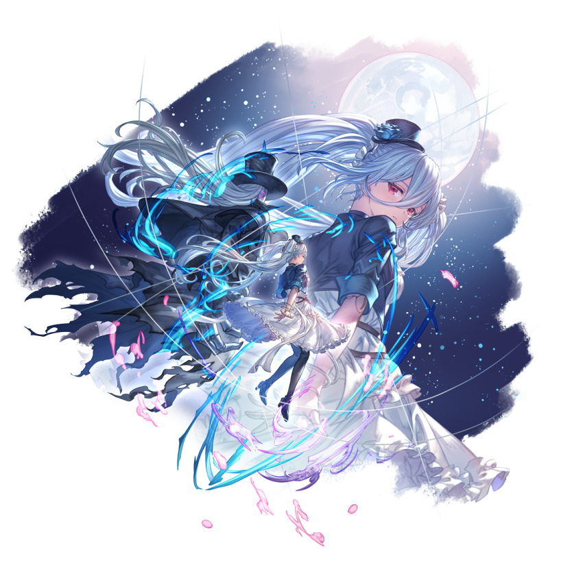 1girl 1other blue_hair blue_jacket closed_eyes closed_mouth cropped_jacket doll_joints dress floating full_moon granblue_fantasy hair_between_eyes hat high_heels jacket joints light_blue_hair lloyd_(granblue_fantasy) looking_at_viewer looking_back mask minaba_hideo mini_hat mini_top_hat moon official_art orchis prosthesis prosthetic_arm thighhighs top_hat transparent_background twintails white_dress white_hair