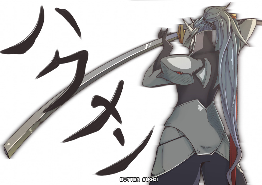 1boy armor artist_name black_gloves blazblue butter_sugoi commentary english_commentary from_behind gloves grey_hair hakumen helmet high_ponytail highres holding holding_sword holding_weapon long_hair male_focus sheath solo sword very_long_hair weapon