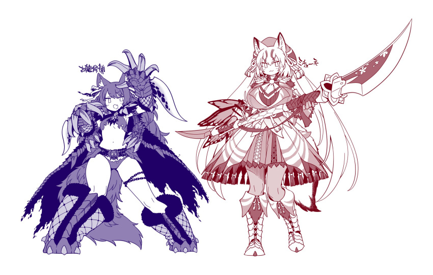 .live 2girls animal_ears belt boots bow bowtie claw_(weapon) cloak dress extra_ears fox_ears fox_girl fox_tail gloves hat highres island_fox_(kemono_friends) katana kemono_friends kemono_friends_v_project long_hair monster_hunter_(series) multiple_girls navel parody ribbon rurun_rururica simple_background sword tail twintails virtual_youtuber weapon yoshida_hideyuki