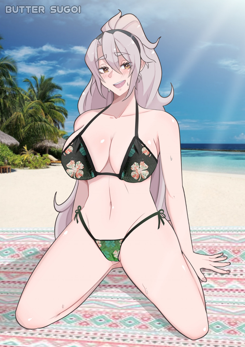 1girl artist_name beach beach_mat bikini black_hairband breasts butter_sugoi clover_print collarbone full_body grey_hair hairband highres large_breasts long_hair navel ocean original palm_tree ponytail print_bikini seiza side-tie_bikini_bottom sitting solo sunlight sweat swimsuit tree very_long_hair yellow_eyes