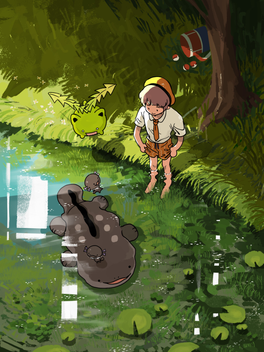 ._. 1boy :3 afloat alternate_color bag barefoot beret black_eyes brown_hair clodsire closed_mouth collared_shirt commentary_request day dekopoko drawstring duffel_bag evolutionary_line floating florian_(pokemon) from_above full_body grass green_theme happy hat highres hoppip lifted_by_self lily_pad looking_at_another looking_down looking_up male_focus naranja_academy_school_uniform necktie open_mouth orange_necktie orange_shorts outdoors paldean_wooper partial_commentary poke_ball poke_ball_(basic) pokemon pokemon_(creature) pokemon_(game) pokemon_sv river school_uniform shiny_pokemon shirt short_hair short_sleeves shorts shorts_lift smile standing submerged swimming tree wading water white_eyes white_shirt yellow_headwear