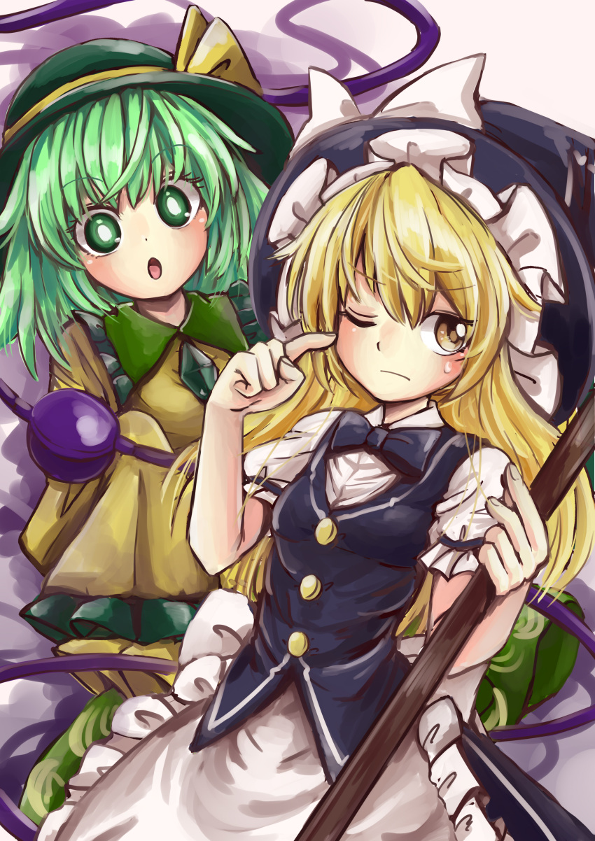 &gt;:( 2girls :o absurdres antinomy_of_common_flowers apron bangs black_bow black_bowtie black_headwear blonde_hair blush bow bowtie breasts bright_pupils broom buttons collar finger_to_cheek floral_print frilled_apron frilled_collar frilled_hat frilled_sleeves frills frown green_eyes green_hair green_sailor_collar green_skirt hair_between_eyes hat hat_bow highres holding holding_broom index_finger_raised kirisame_marisa komeiji_koishi long_hair looking_at_another looking_to_the_side multiple_girls one_eye_closed puffy_short_sleeves puffy_sleeves ramie_(ramie541) ribbon-trimmed_sleeves ribbon_trim rose_print sailor_collar shirt short_sleeves sidelocks simple_background skirt sleeves_past_fingers sleeves_past_wrists small_breasts standing sweatdrop teamwork third_eye touhou v-shaped_eyebrows wavy_hair white_apron white_background white_bow white_shirt witch_hat yellow_bow yellow_eyes yellow_shirt