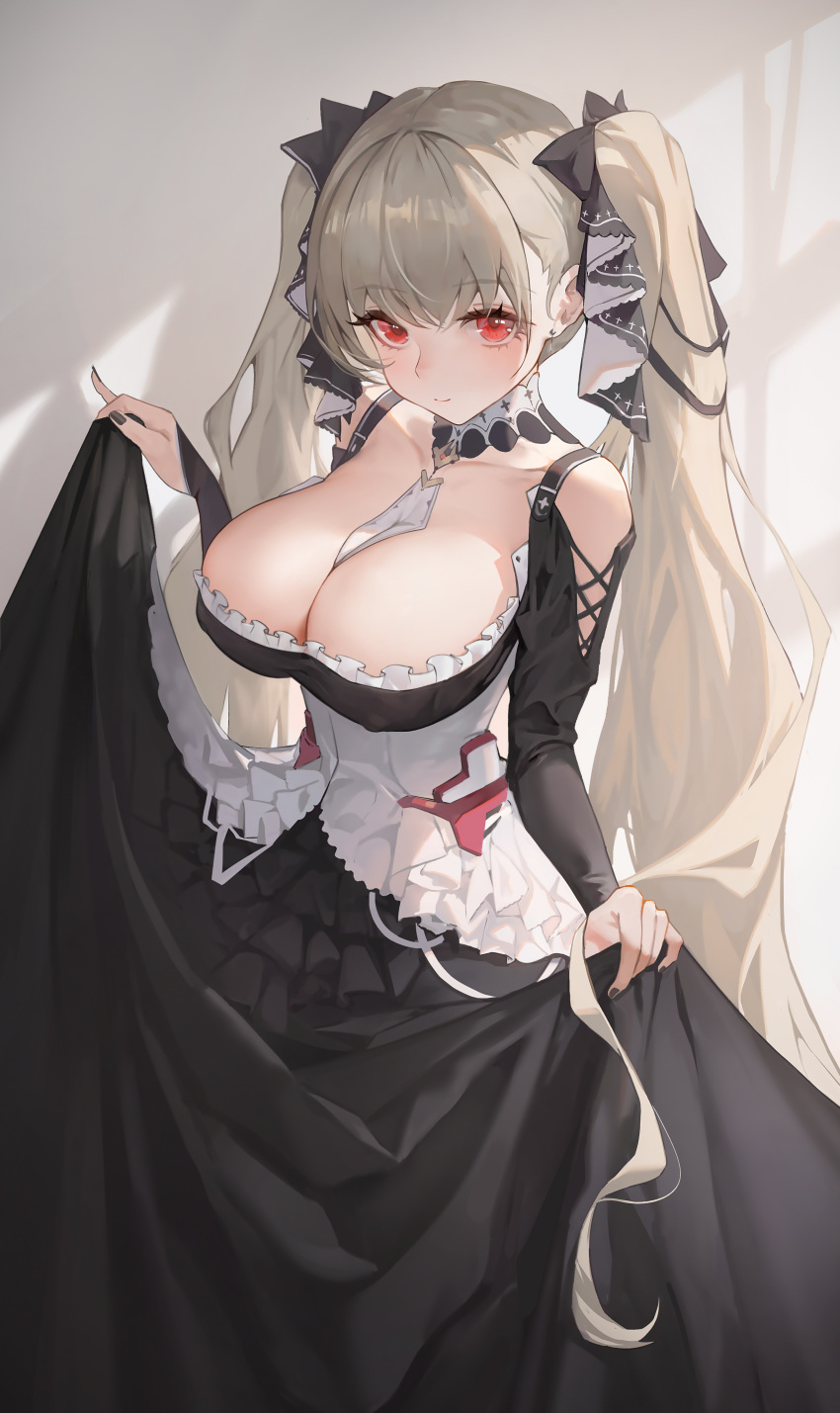 1girl absurdres azur_lane bangs bare_shoulders between_breasts black_dress breasts cleavage curtsey detached_collar dress formidable_(azur_lane) grey_hair highres large_breasts long_hair looking_at_viewer neck_ribbon red_eyes ribbon simple_background solo su_su_yun twintails two-tone_dress two-tone_ribbon very_long_hair white_background white_dress