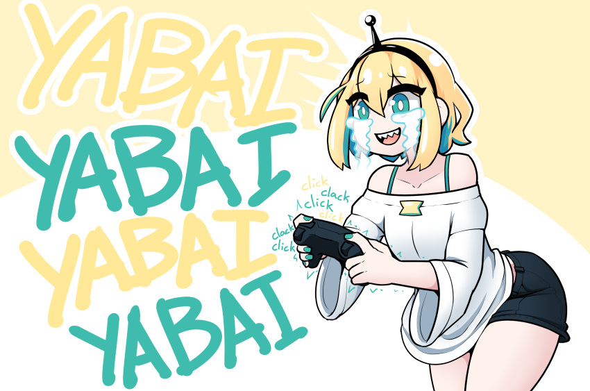 1girl amano_pikamee bent_over black_hairband blonde_hair blue_eyes blue_hair bra_strap breasts colored_inner_hair commentary controller crying english_commentary game_controller hairband highres holding holding_controller holding_game_controller limebreaker medium_hair multicolored_hair off-shoulder_shirt off_shoulder open_mouth sharp_teeth shirt short_shorts shorts small_breasts smile solo streaming_tears tears teeth two-tone_hair voms wide_sleeves