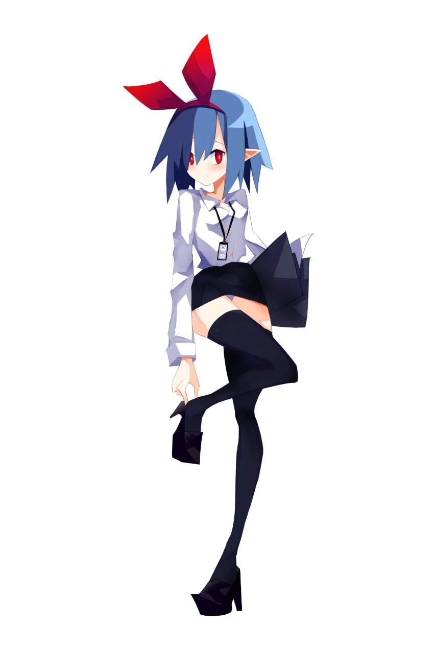 1girl absurdres alternate_costume bangs black_skirt black_thighhighs blue_hair disgaea full_body high_heels highres id_card inktober looking_at_viewer makai_senki_disgaea nanozenzen office_lady pleinair pointy_ears rabbit red_eyes ribbon short_hair simple_background skirt solo thighhighs usagi-san white_background