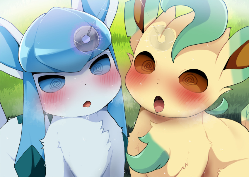 @_@ animal_ears blue_eyes blue_fur blush body_fur brown_eyes commentary_request dagasi glaceon grass highres hypnosis leafeon mind_control no_humans open_mouth pendulum pokemon pokemon_(creature) sweat tail yellow_fur