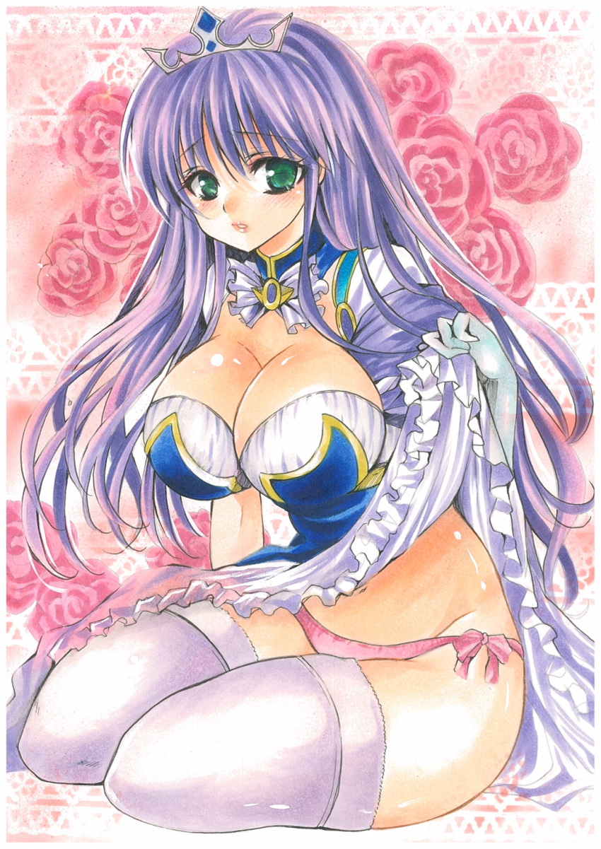 1girl august_soft blush breasts clothes_lift crown detached_collar dress feena_fam_earthlight flower frilled_dress frills gloves green_eyes highres large_breasts leggings looking_at_viewer panties princess purple_hair skirt skirt_lift solo thighhighs traditional_media twobee underwear white_gloves yoake_mae_yori_ruri_iro_na